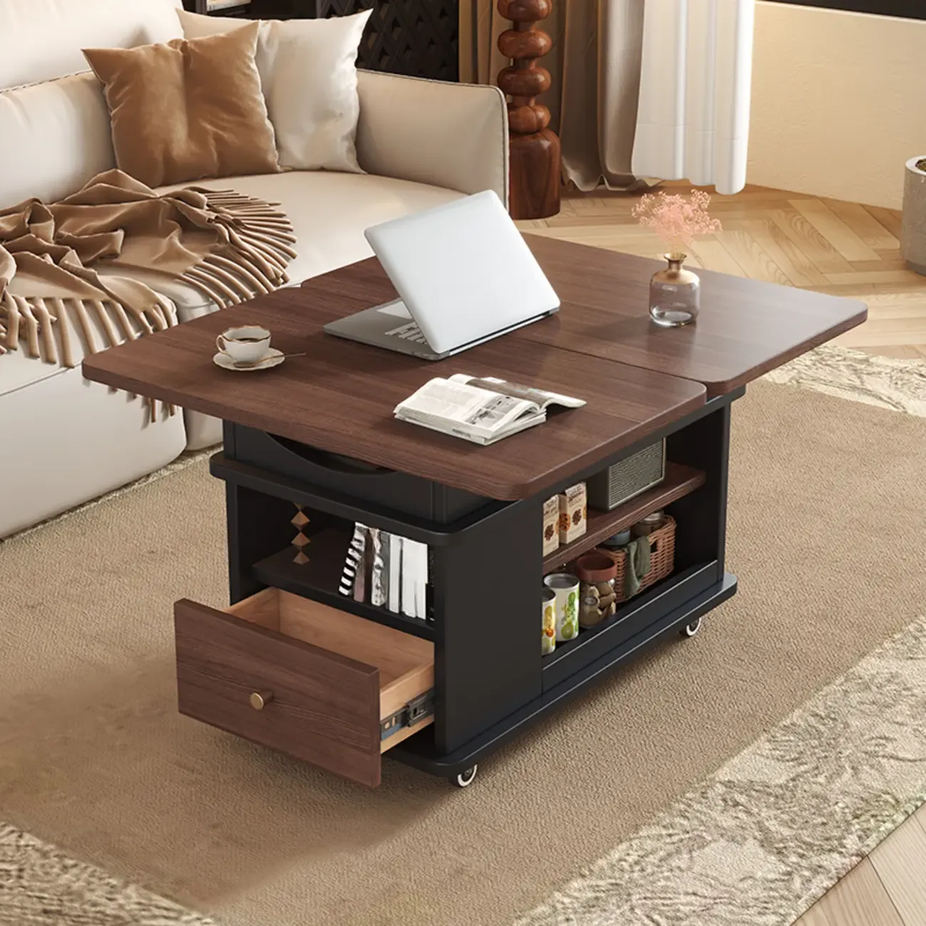 Rectangle Foldable Lift Top Wood Metal Side Table with Wheels