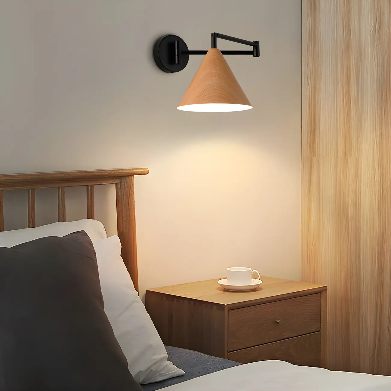 Black Metal Swing Arm Wall Light with Wood Shade