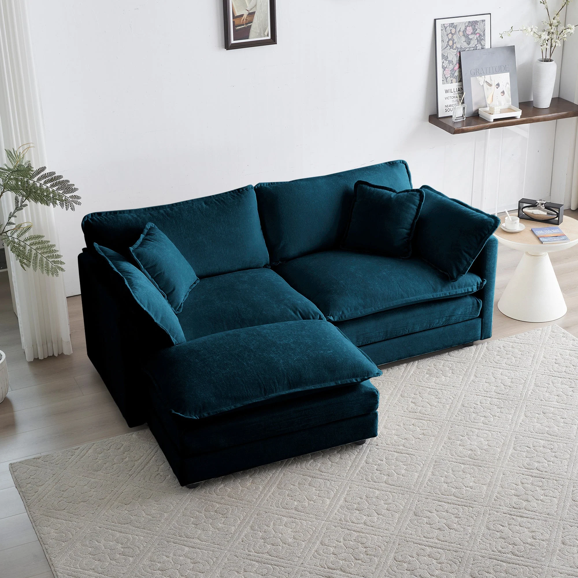 Walker Edison | Teal Cloud Chenille Two-Seater Loveseat Sofa with Ottoman