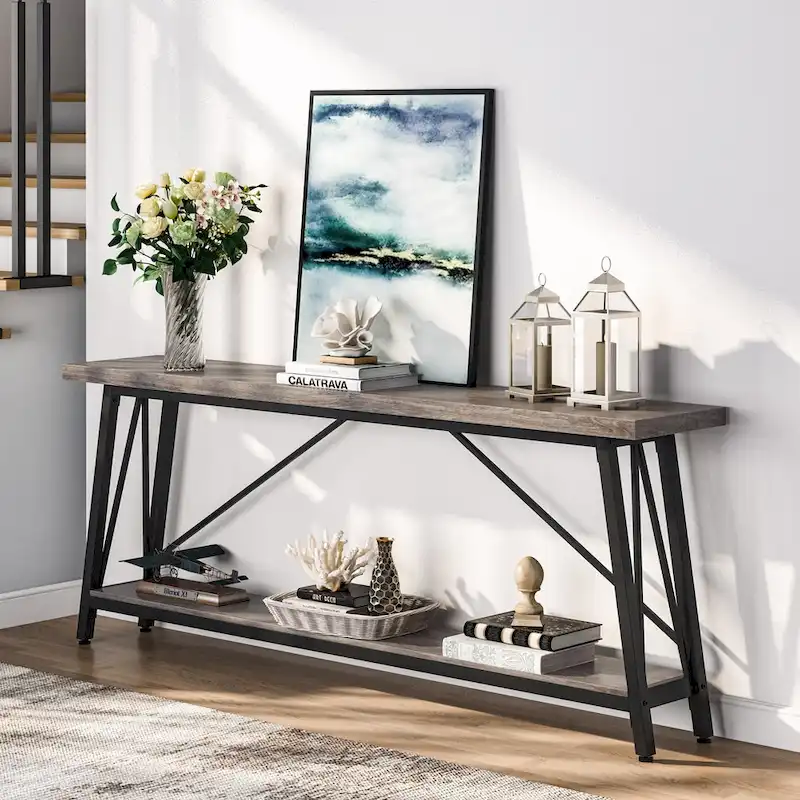 Rustic Brown Industrial Console Table with 2-Tier Storage