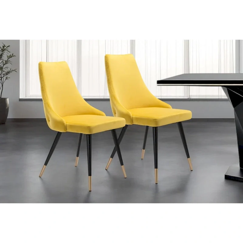 HomeRoots Set of Two Tufted Yellow And Black Upholstered Velvet Windsor Back Dining Side Chairs