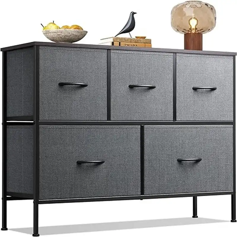 Dresser with Fabric Drawers - Brown/Black/White/Grey, 5-Drawer