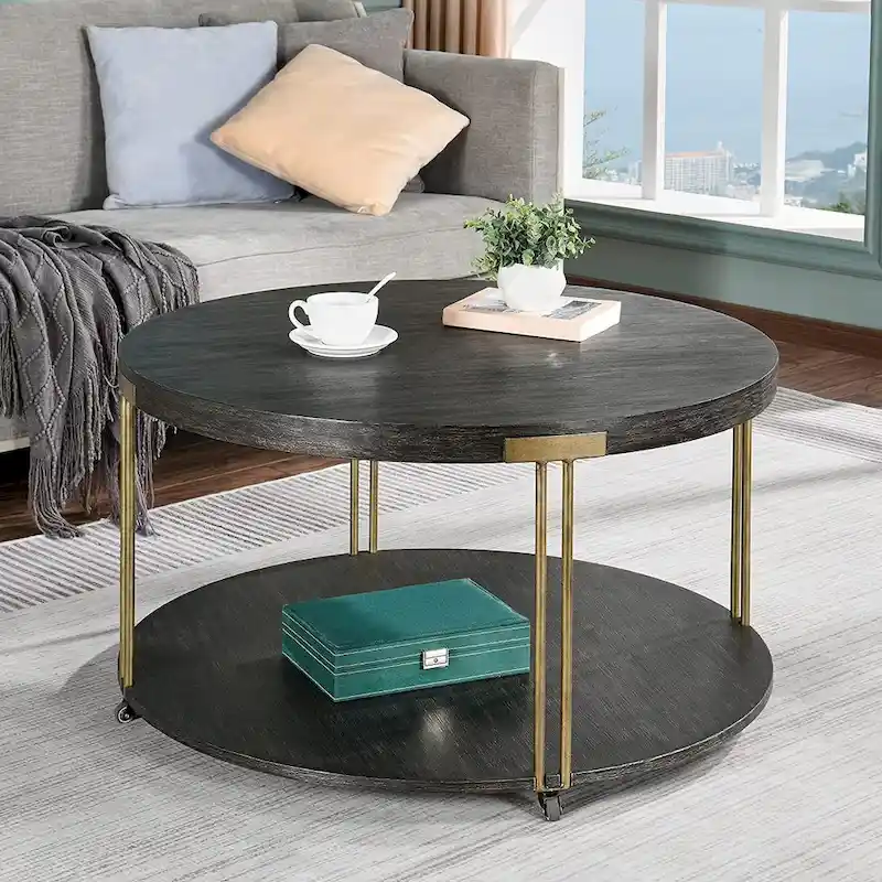 2-Tier Round Table with Storage Shelf – Natural/Black, Entry / Coffee / Side Table, Seats 1–4