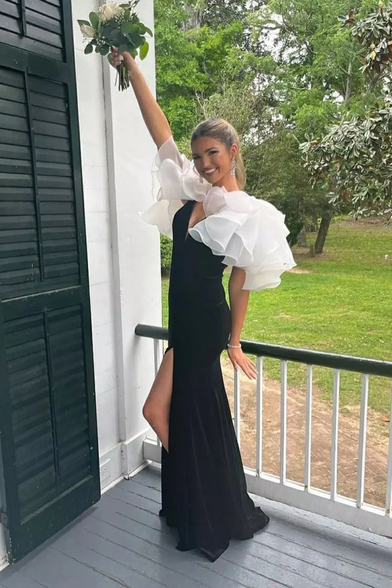 Mermaid V Neck Velvet Prom Dress with Slit