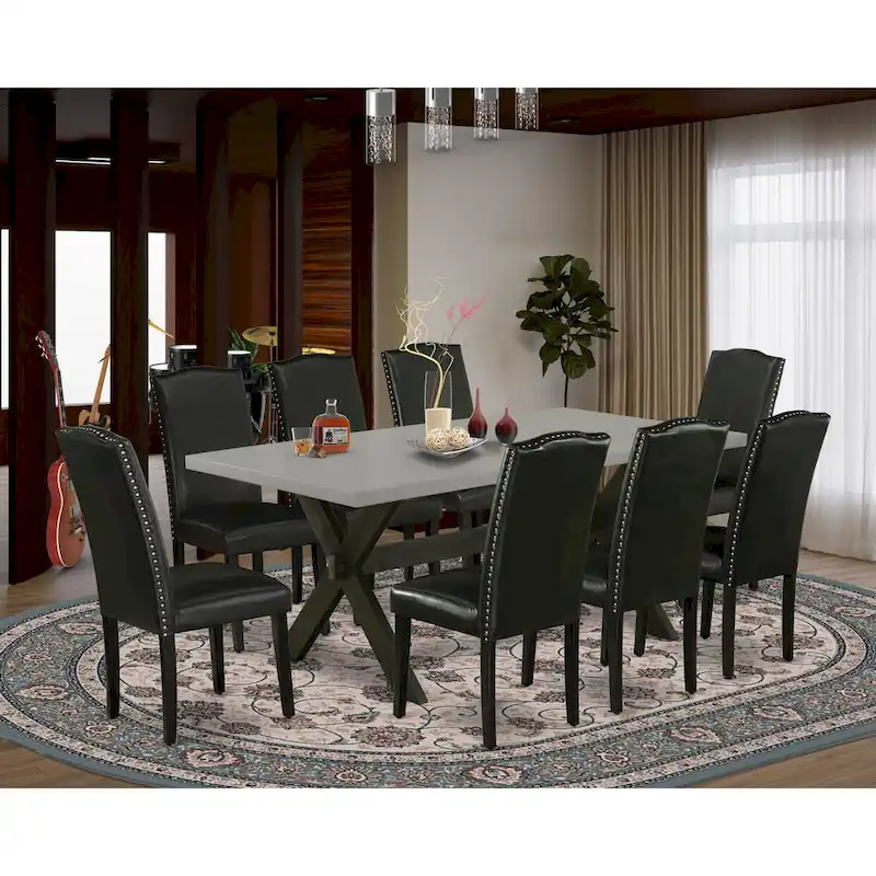 East West Furniture Dining Set- a Dining Table and Black Pu Leather Parson Chairs, Wire brushed Black.(Pieces Options)