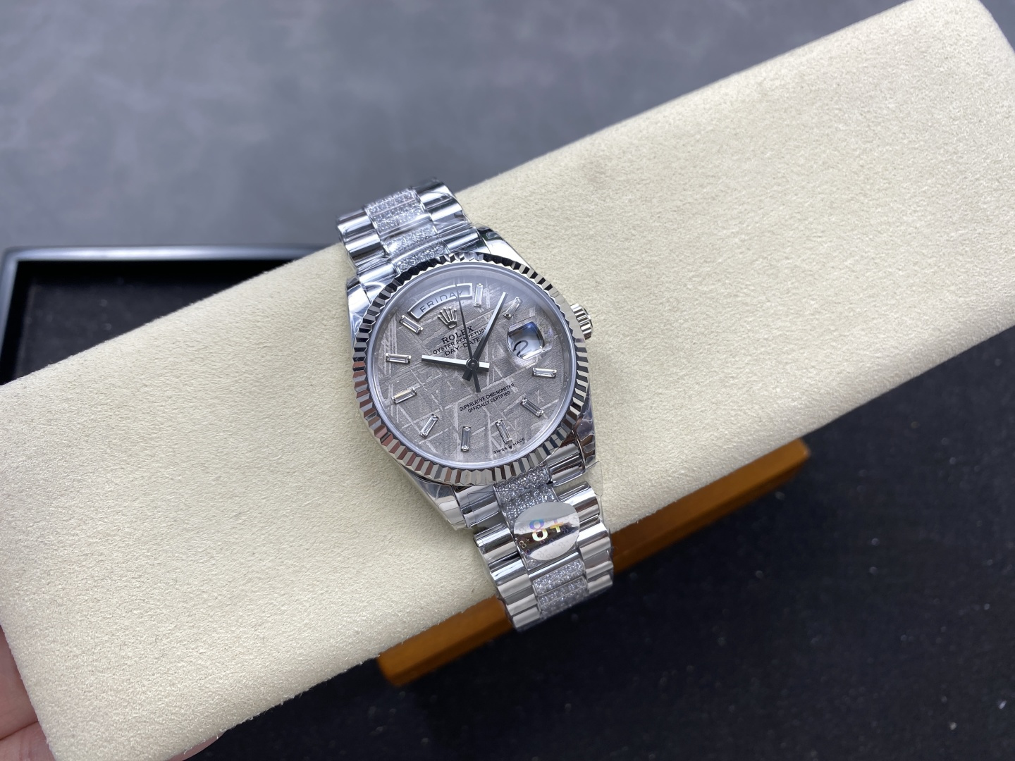 Rolex Day-Date replica with meteorite dial and diamond bezel