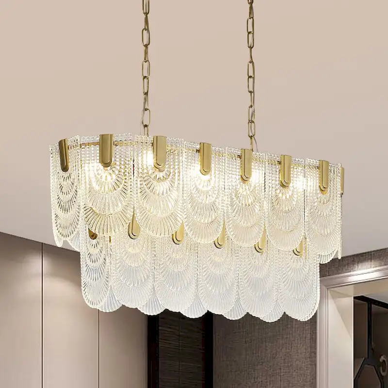 31.in. Gold Oval Crystal Chandelier, 8-Light Adjustable Hanging Pendant Light for Kitchen Island, Bulbs Included