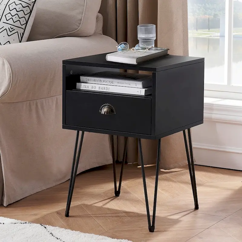 Modern Mid Century 1-Drawer Hairpin Nightstands, Brown/Blue/Black/Yellow, Four Options