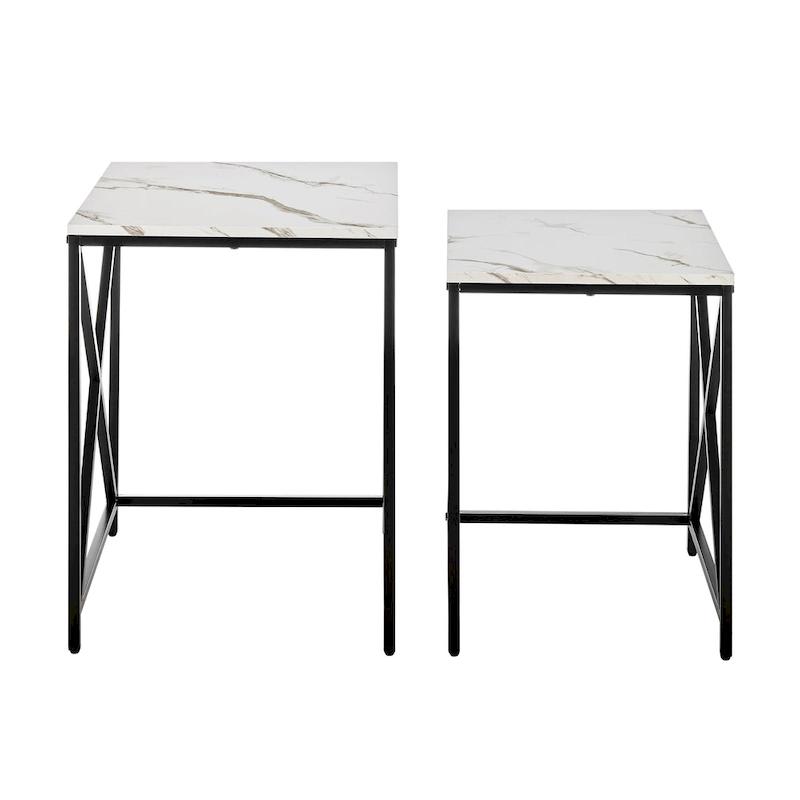 Modern Square Marble Finish Veneer Top Black Metal Frame Nesting End Tables - Set of 2