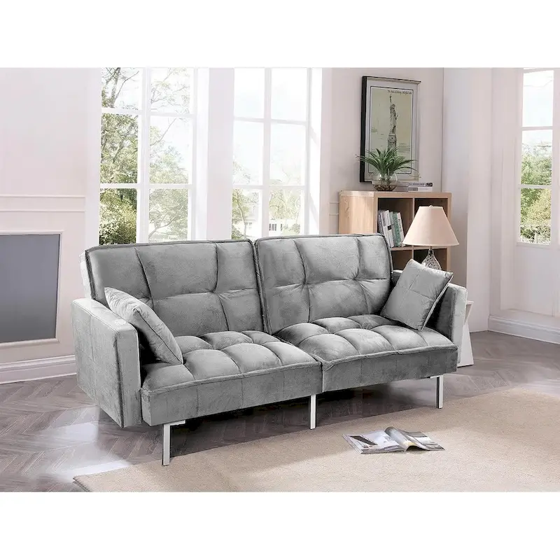 Regal Convertible Sleeper Sofa Bed Velvet Pull Out Couch with Mid-Century Style Tufted Design and Metal Legs