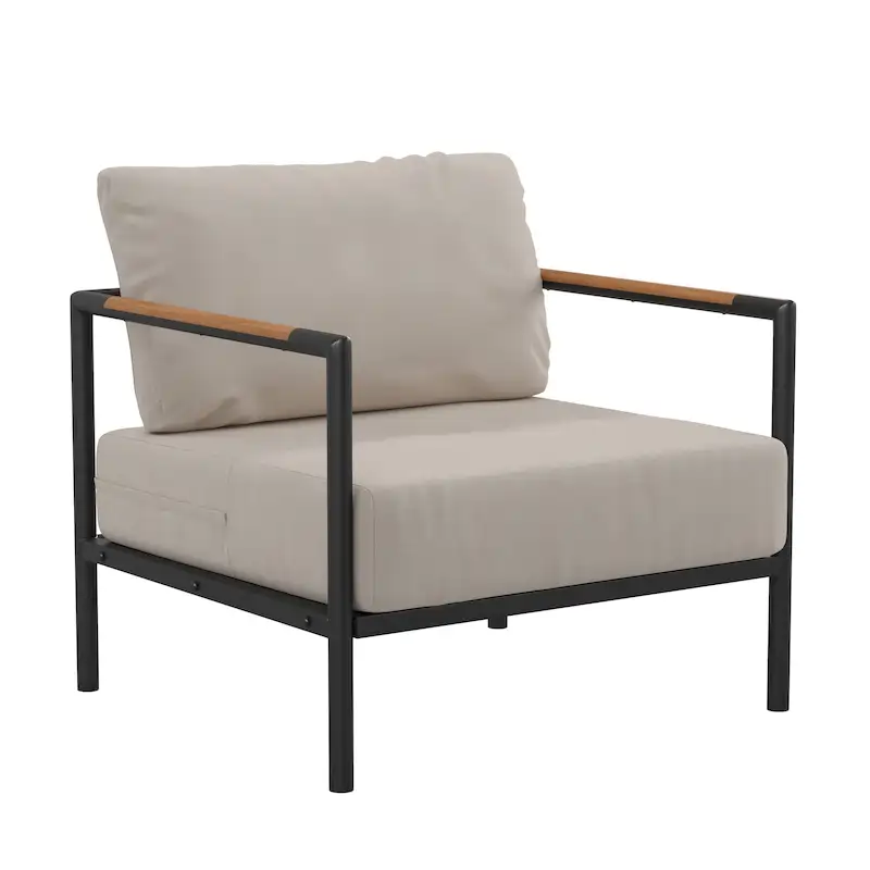 Aluminum Frame Patio Chair with Teak Arm Accents and Plush Cushions - 32.5 W x 29.5 D x 24.5 H