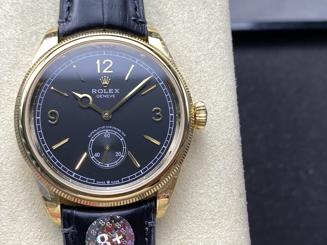 Rolex 7140 black dial front view with gold markers