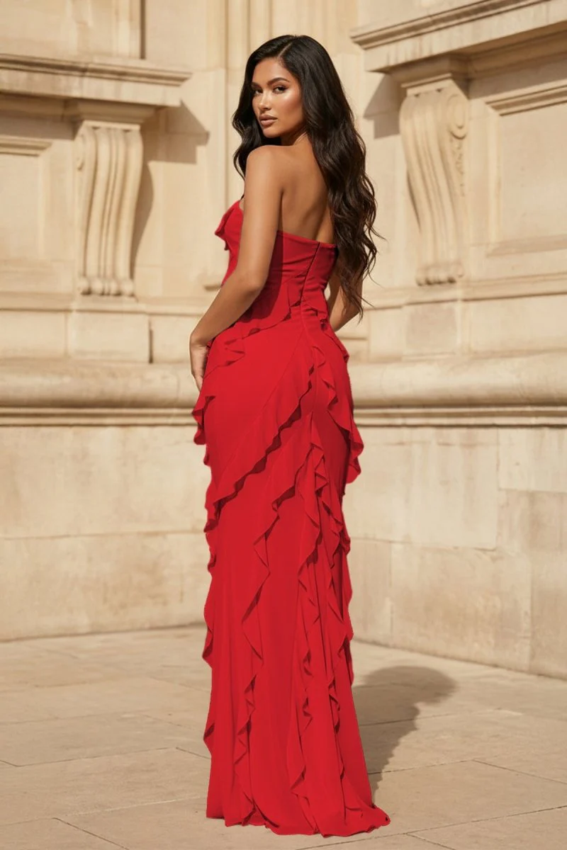 Pink - Sheath Strapless Chiffon Long Prom Dresses With Ruffles