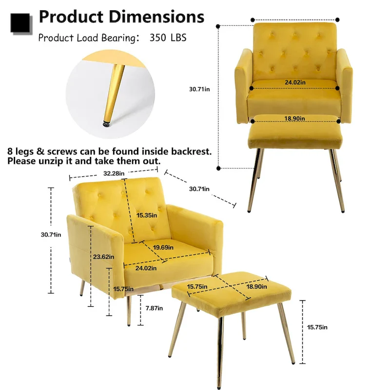 Velvet Tufted Convertible Armchair with Adjustable Backrest & Ottoman – Single