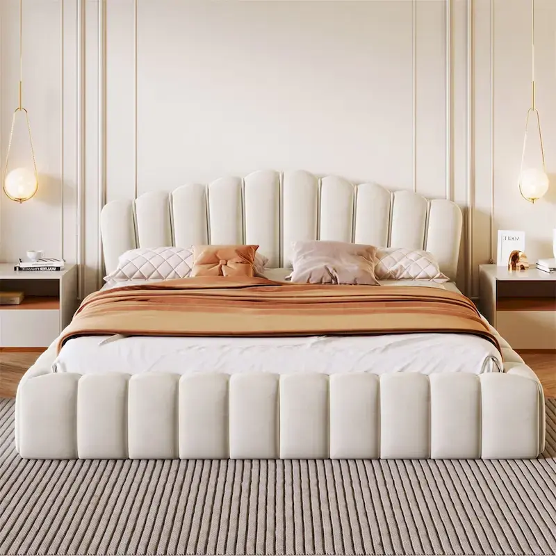 Velvet Upholstered Queen Floor Bed Low Profile Modern Bedroom