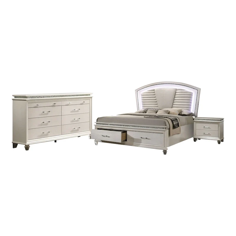Glam White Solid Wood 3-Piece Platform Bed with Nightstand and Dresser with LED