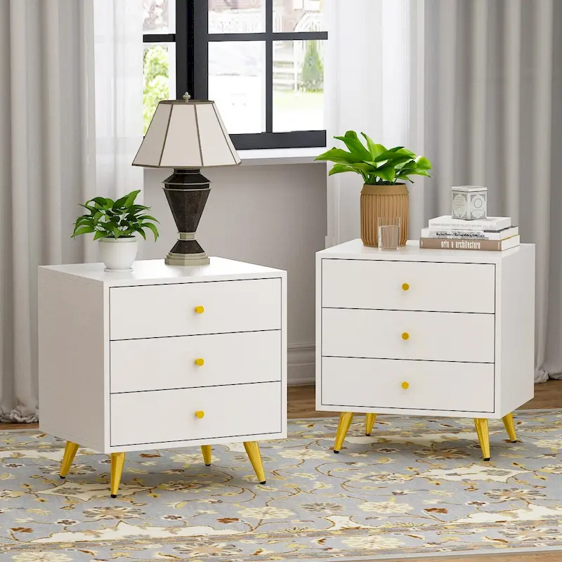 White Nightstands Bedside Table End Table Gold Metal Legs1 Pcs