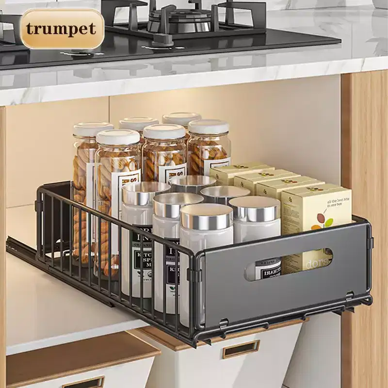 Telescopic Drawer, Extendable Drawer 37.5 D x 24.5 W x 10 H cm, Carbon Steel Kitchen Cabinet Organiser