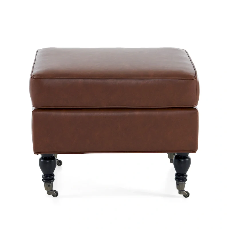 Brown Classic Square PU Leather Ottoman with Wood Legs & Casters, 1-Person
