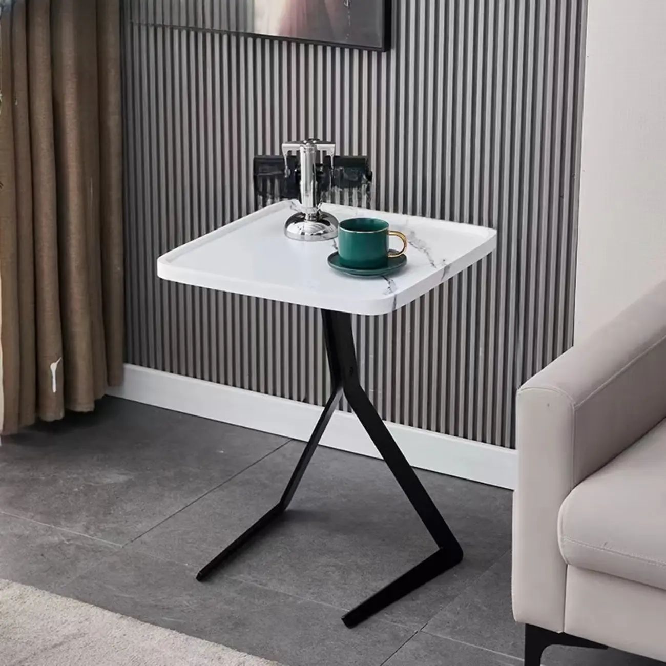 C-Shpaed Brown Wood Round Side Table with Metal Legs