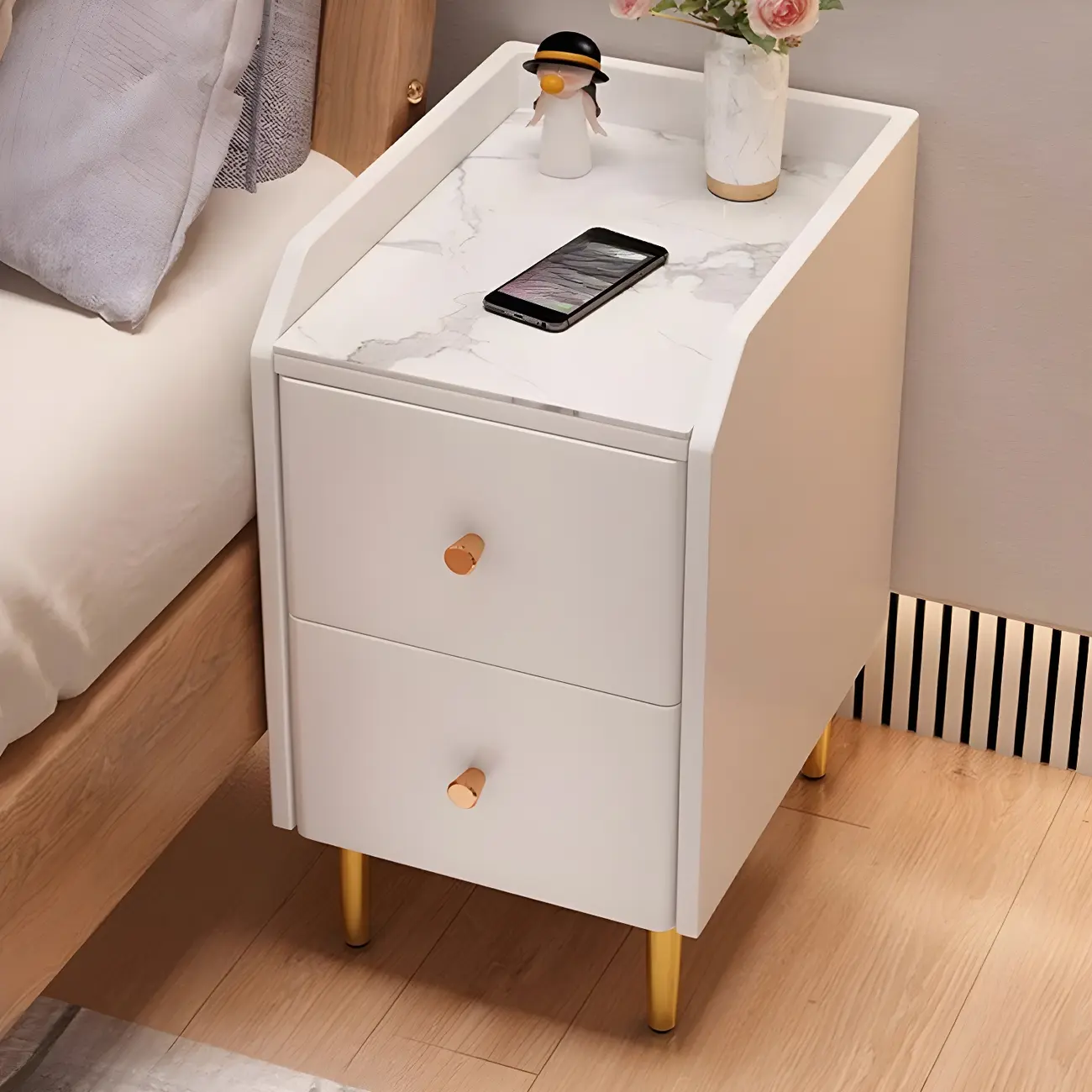 Narrow Faux Leather Drawer Nightstand with Stone Countertop