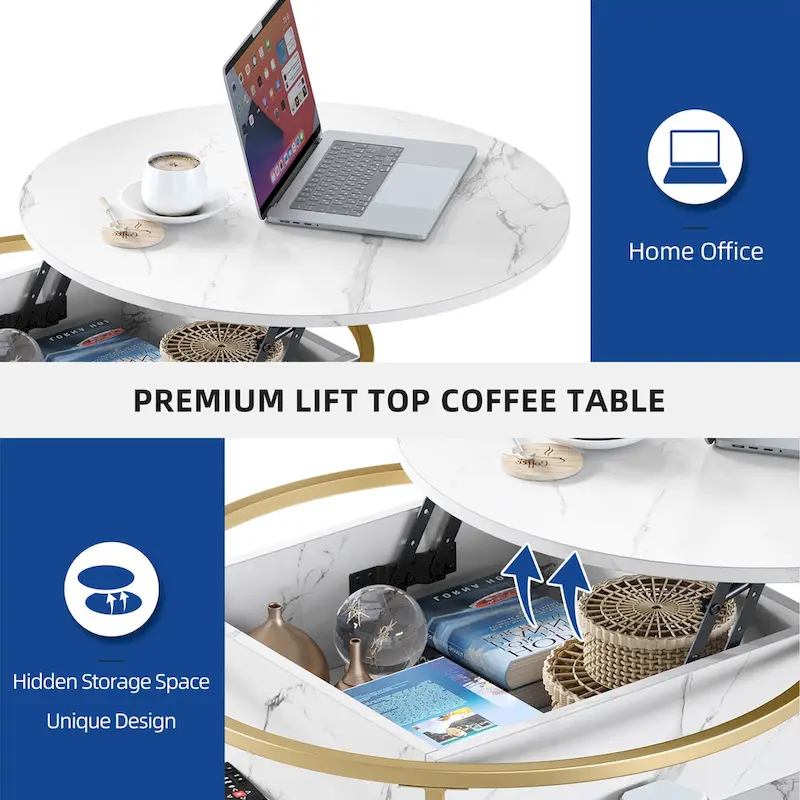 Round Lift Top Coffee Table White Marbling Top and Gold Frame