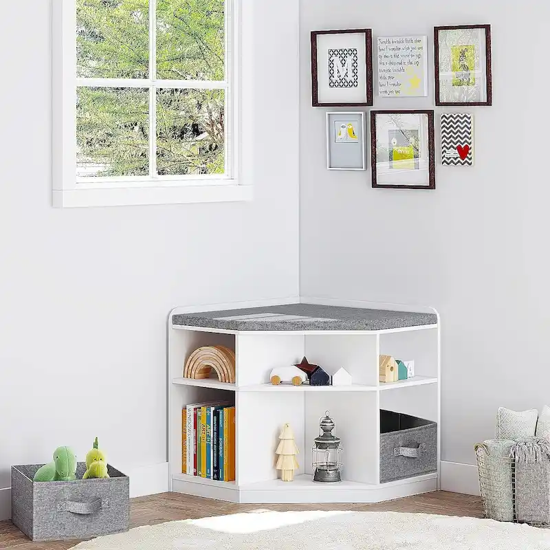Corner Reading Nook, Bench with Storage, Corner Cabinet with 3 Cubbies for Living Room, Bedroom, White