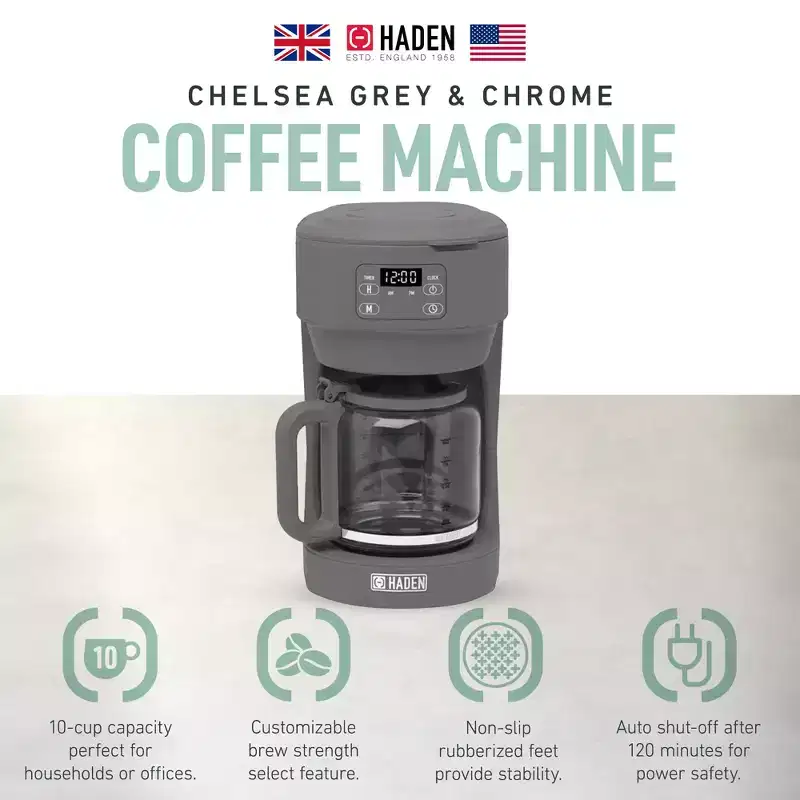 Haden Chelsea Coffee Machine, 10 Cup Programmable Drip Coffee Maker with Auto Shut-Off Function and Keep-Warm Function, Grey  Chrome