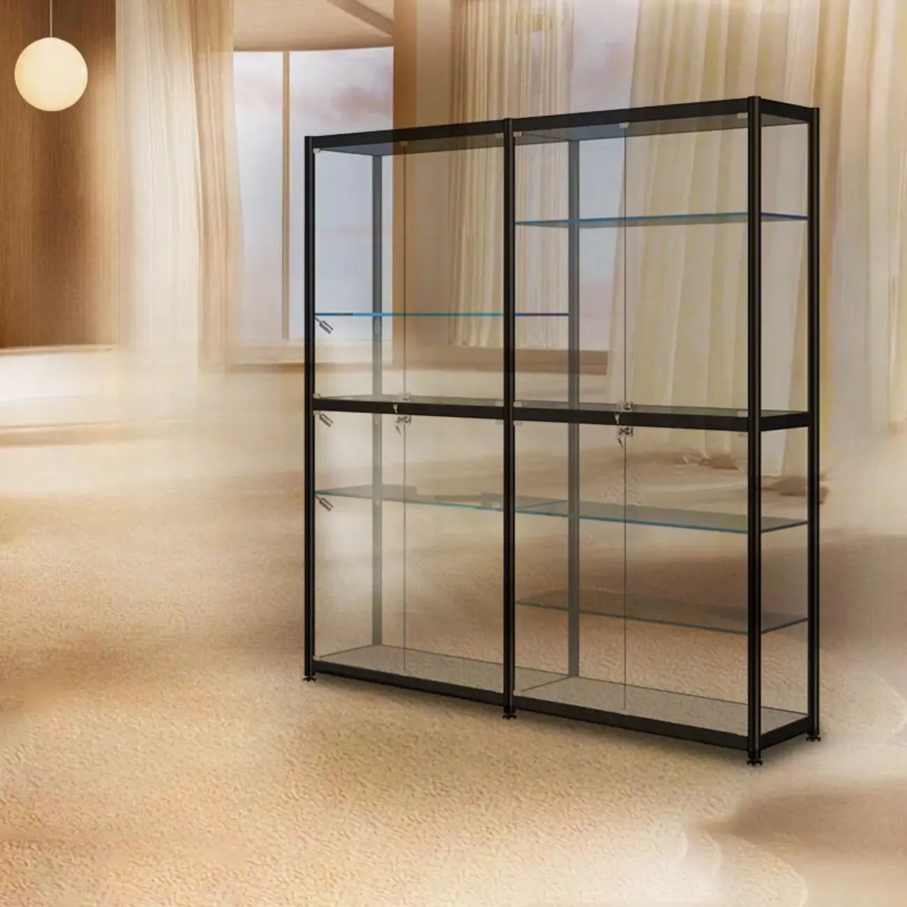 Modern Black Clear Glass LED Adjustable Display Cabinet