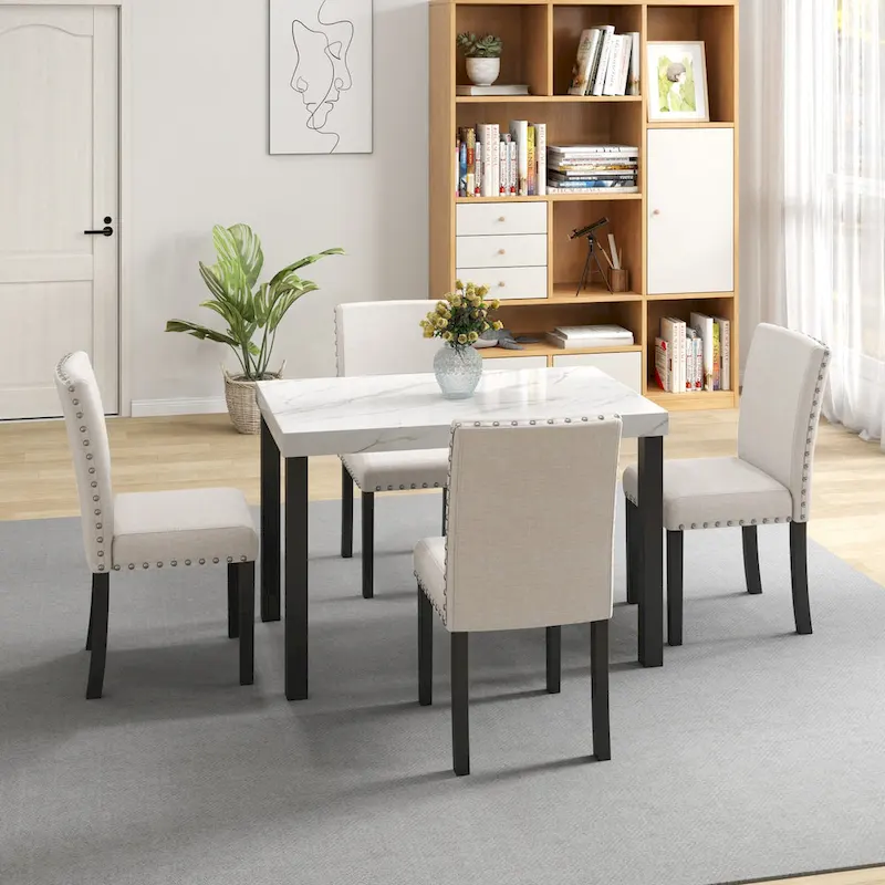 White Faux Marble Top 5-Piece Dining Set, Natural Wood Legs, Seats 4
