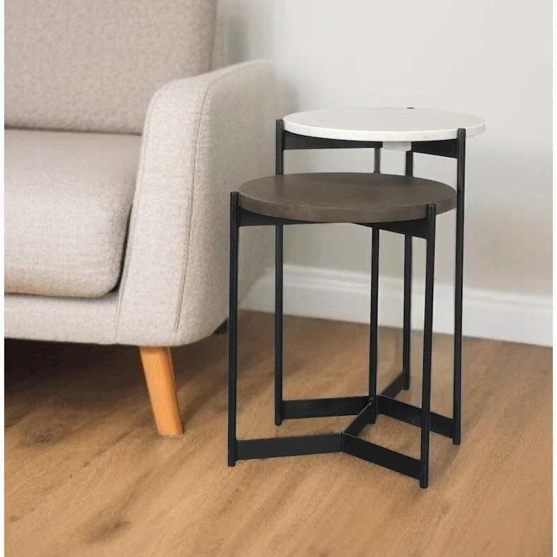 Round Nested Side Tables Set of 2 - Marble & Solid Wood Tops with Metal Base