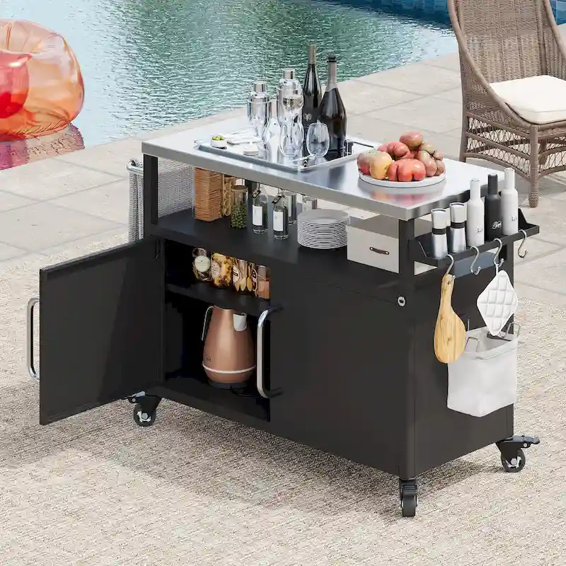 Black Outdoor Kitchen Cart, Stainless Steel Top, 1-Person, 54.5