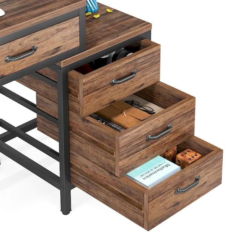 Reversible Computer Desk with 5 Drawers, Home Office Desk with File Cabinet Drawer Printer Stand