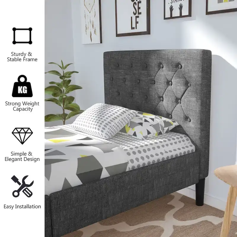 Costway Twin Upholstered Bed Frame Diamond Stitched Headboard Wood