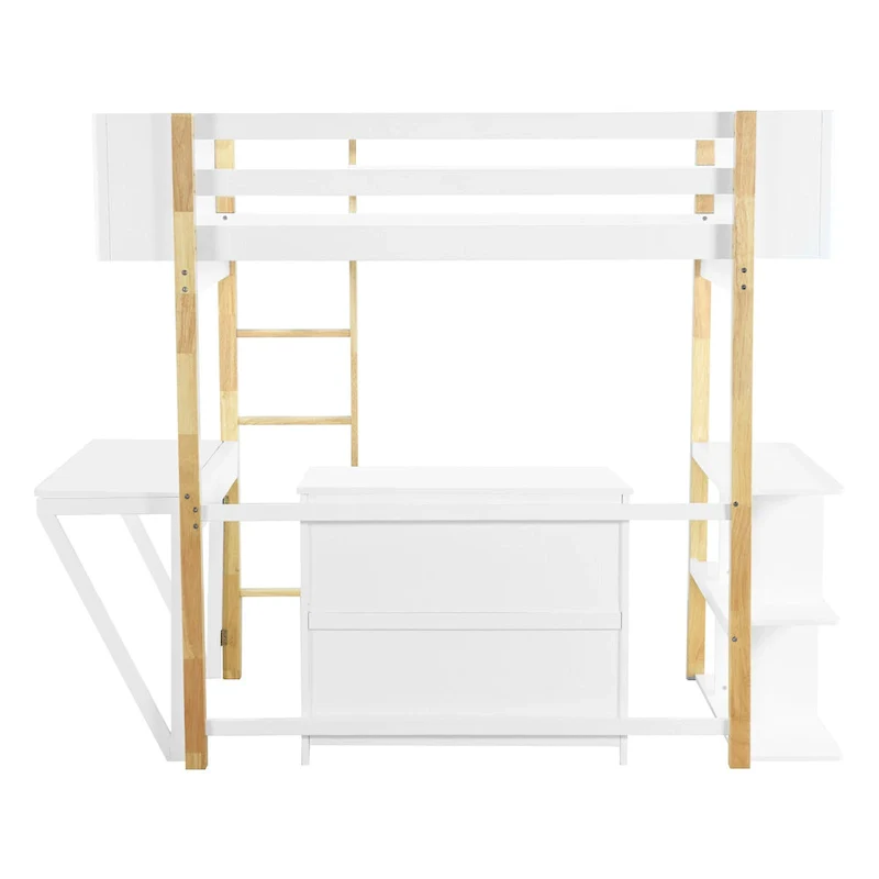 White Twin Solid Wood Loft Bed with Storage Cabinet, Cubes & Foldable Desk