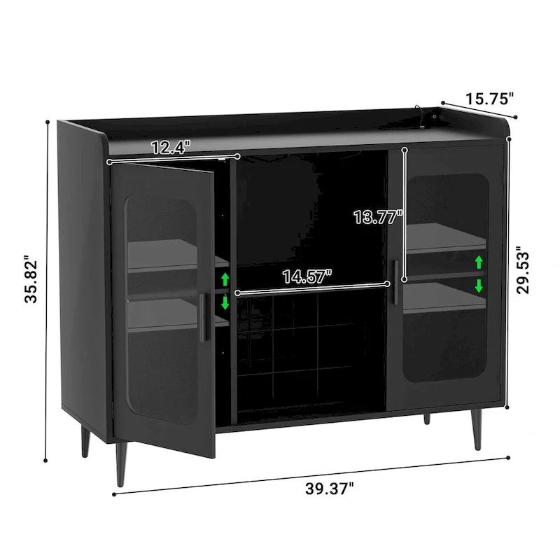 Black Bar Cabinet with Wine Holder and LED Lights - Satin Gold Finish