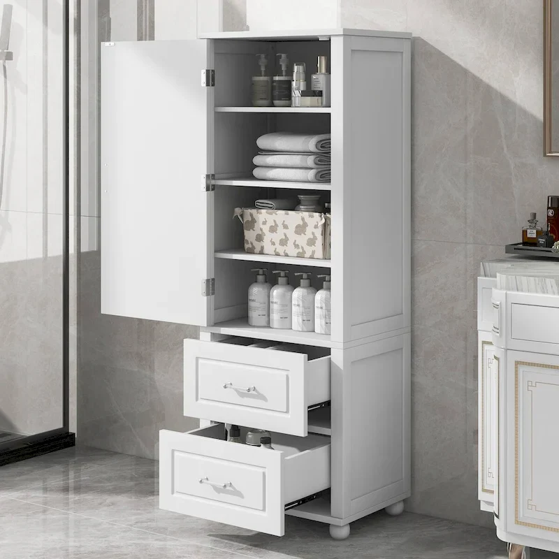 Tall Bathroom Storage Cabinet with 2 Drawers - White Freestanding