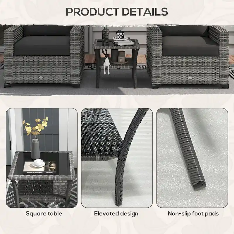 Rattan Side Table, Outdoor End Table with Storage Shelf, Aluminum Frame Square, Coffee Table with Tempered Glass Top, Mixed Gray