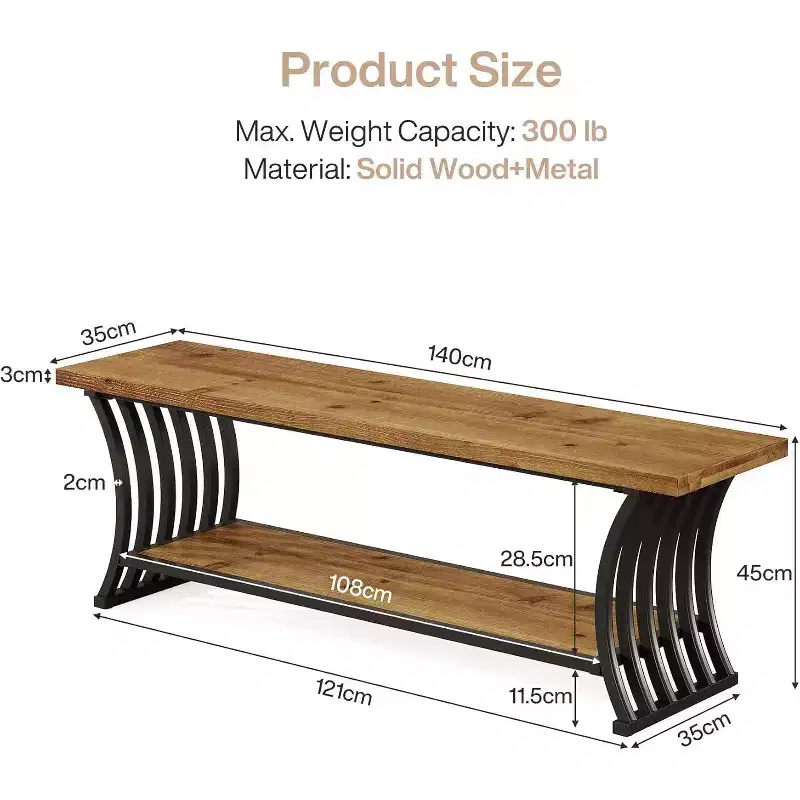 Lantine Industrial Entryway Bench with Shelf, Wood End of Bed Shoe Bench, 55 Long Storage Benches for Bedroom, Hallway, Foyer, Entry, Brown & Black