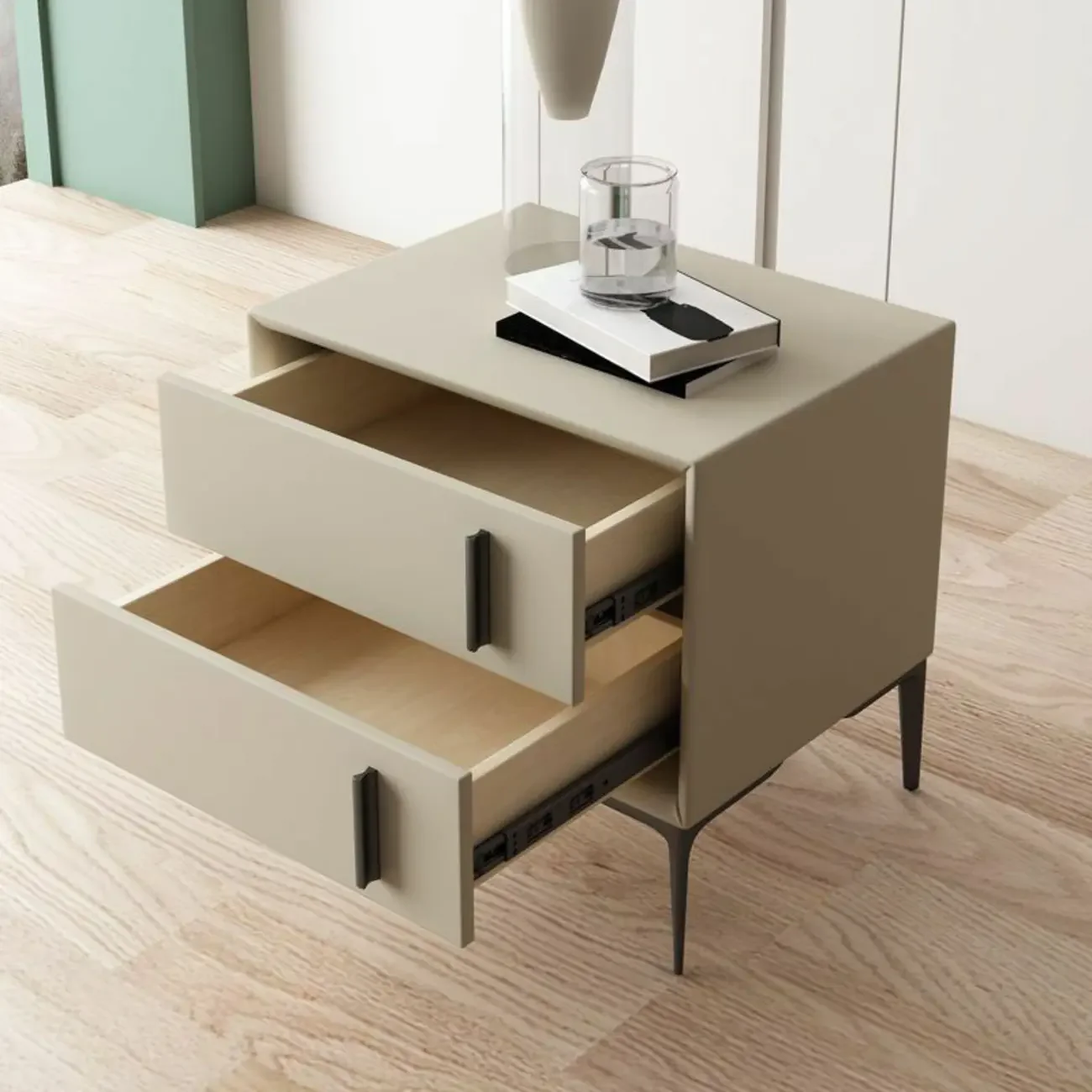 Modern Apricot Faux Leather Wood 2-Drawer Nightstand