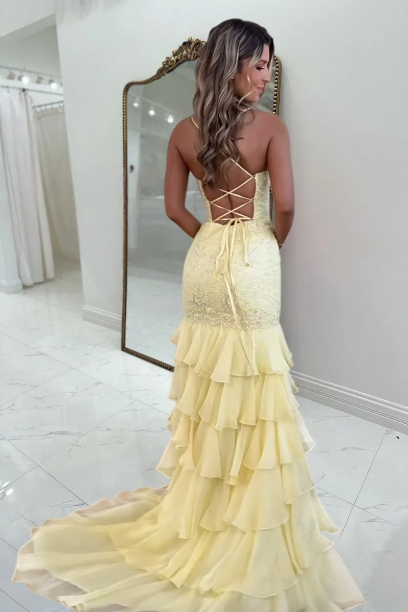 Yellow - Spaghetti Straps Mermaid Lace Appliqued Prom Dresses With Ruffles