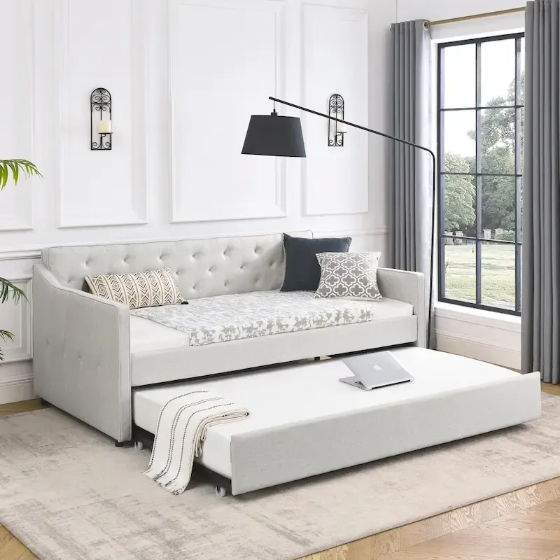 Twin Size Linen Upholstered Daybed Frame with Trundle & Tufted Backrest