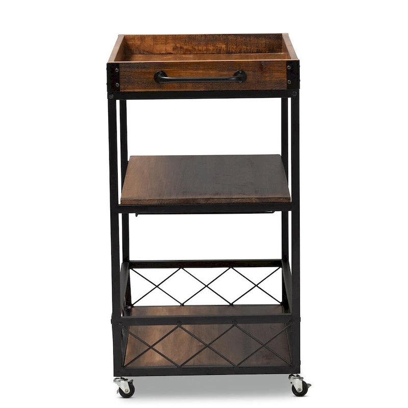 Industrial Oak Brown Bar Cart with Stemware Rack