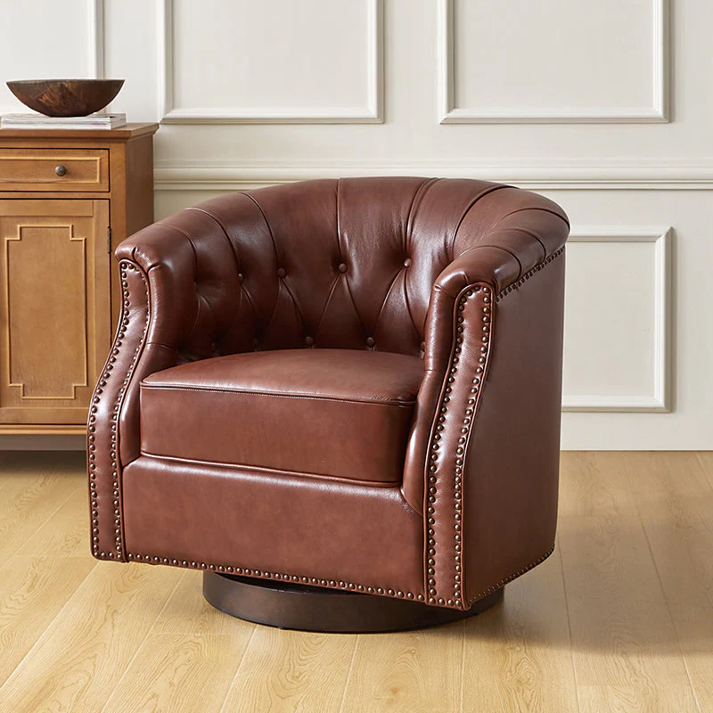 Genuine Leather Button-Tufted Swivel Rocker Accent Chair with Nailhead Trim & Walnut Legs | Brown / White / Camel | Single Seat