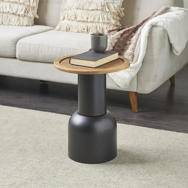 Metal Handmade Pedestal Side End Accent Table with Brown Rattan Tabletop - Black