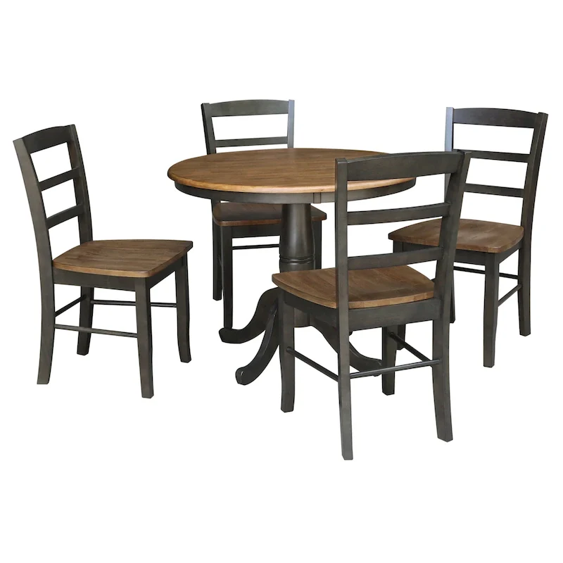 International Concepts Solid Wood 36 Round Pedestal Dining Table with 4 Madrid Ladderback Chairs