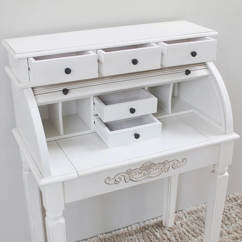 Hand-Carved Hardwood Roll Top Desk with 5 Drawers, Antique White Finish