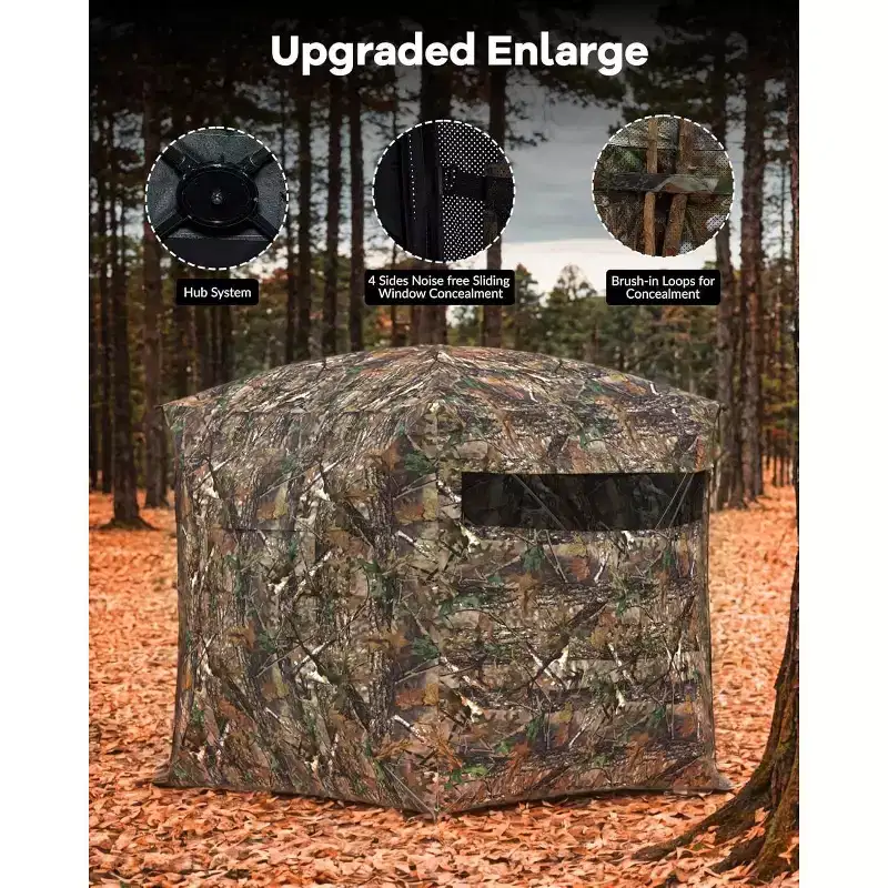270 See Through Pop Up Ground Hunting Blind for 2-4 Person, Waterproof Camouflage Tent with Silent Magnetic Door, Portable for Deer & Turkey Hunting