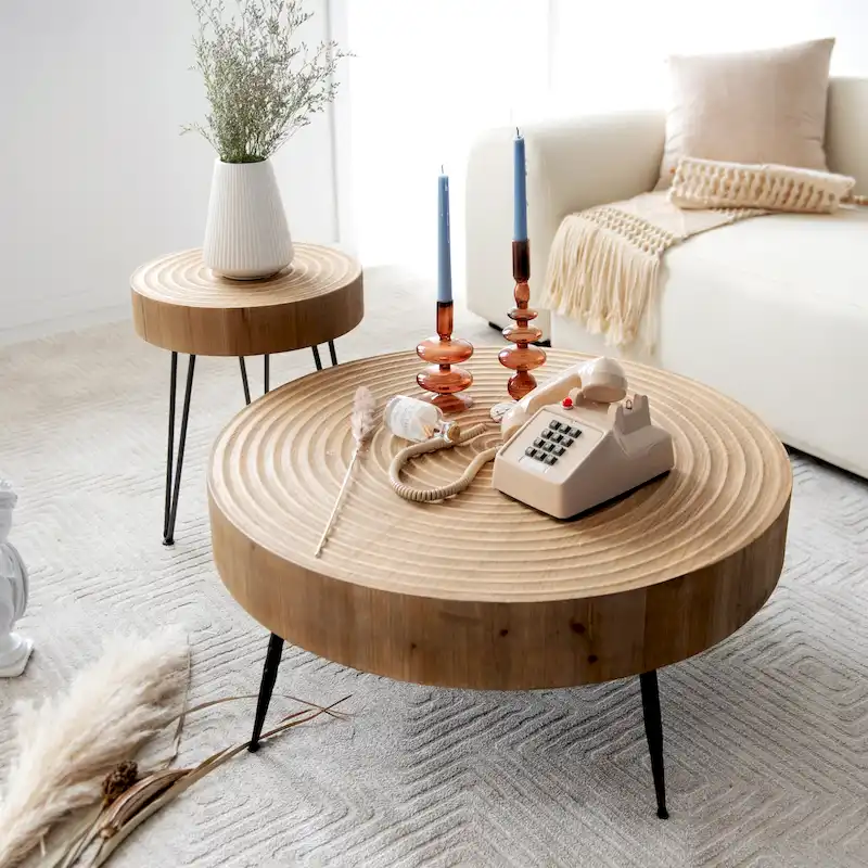 Rustic Cylindrical Wood Veneer Coffee Table – Natural / White / Light Red & Natural