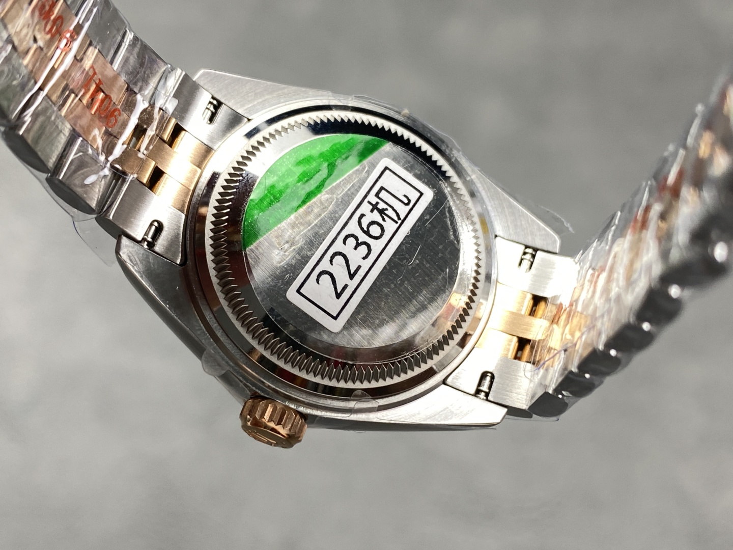 Case back view of the replica displaying the 2236 movement identifier label